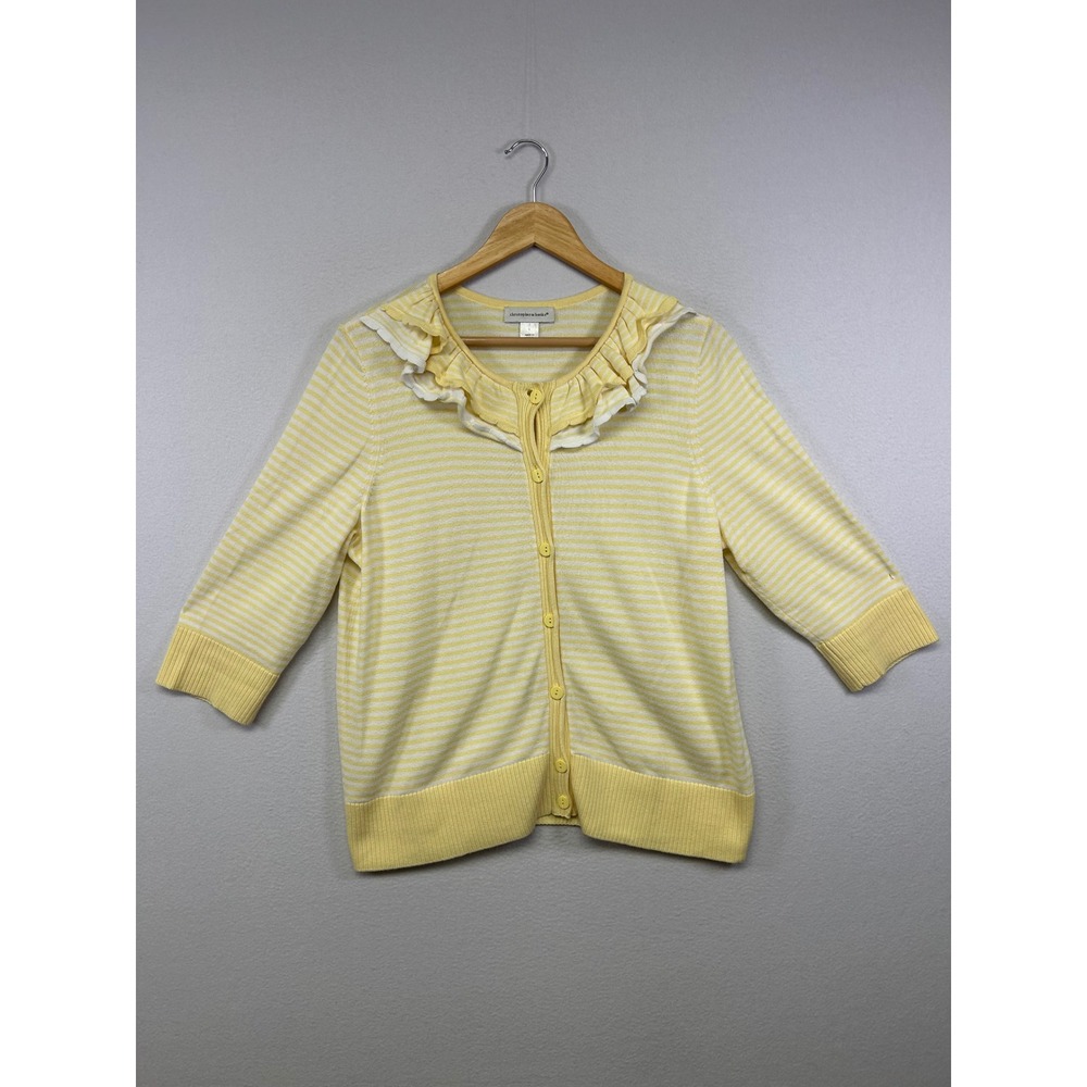 Preppy Coastal Christopher & Banks Womens Large Yellow Striped Ruffle Cardigan